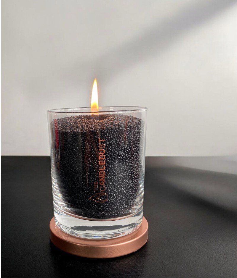 1. Black unscented powder candle by Candledust in glass with flame, shown on a reflective surface