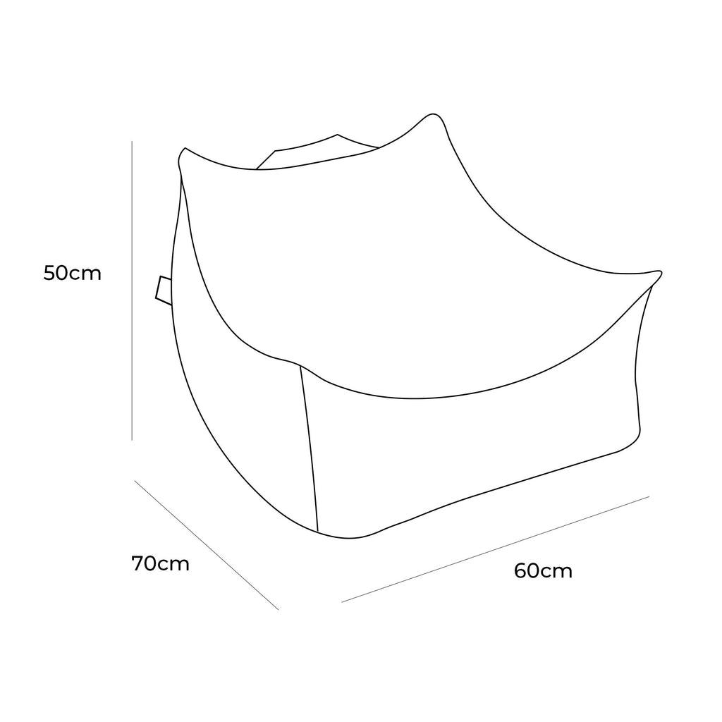 2. Size chart for MeowBaby velvet sako bag showing dimensions: 50cm height, 70cm width, 60cm depth
