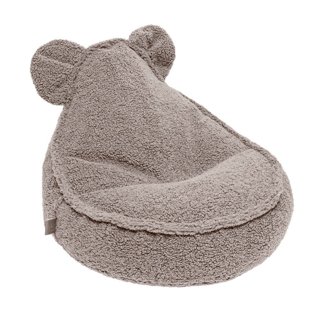 1. Grey teddy bear-shaped pouf for children with soft, textured fabric and bear ears, designed by MeowBaby, shown in a studio setting