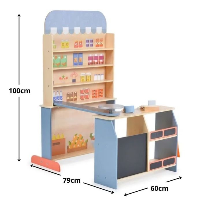 3. Size chart for wooden supermarket playset showing dimensions 100 x 79 x 60 cm with product illustrations, by Gerardo's Toys