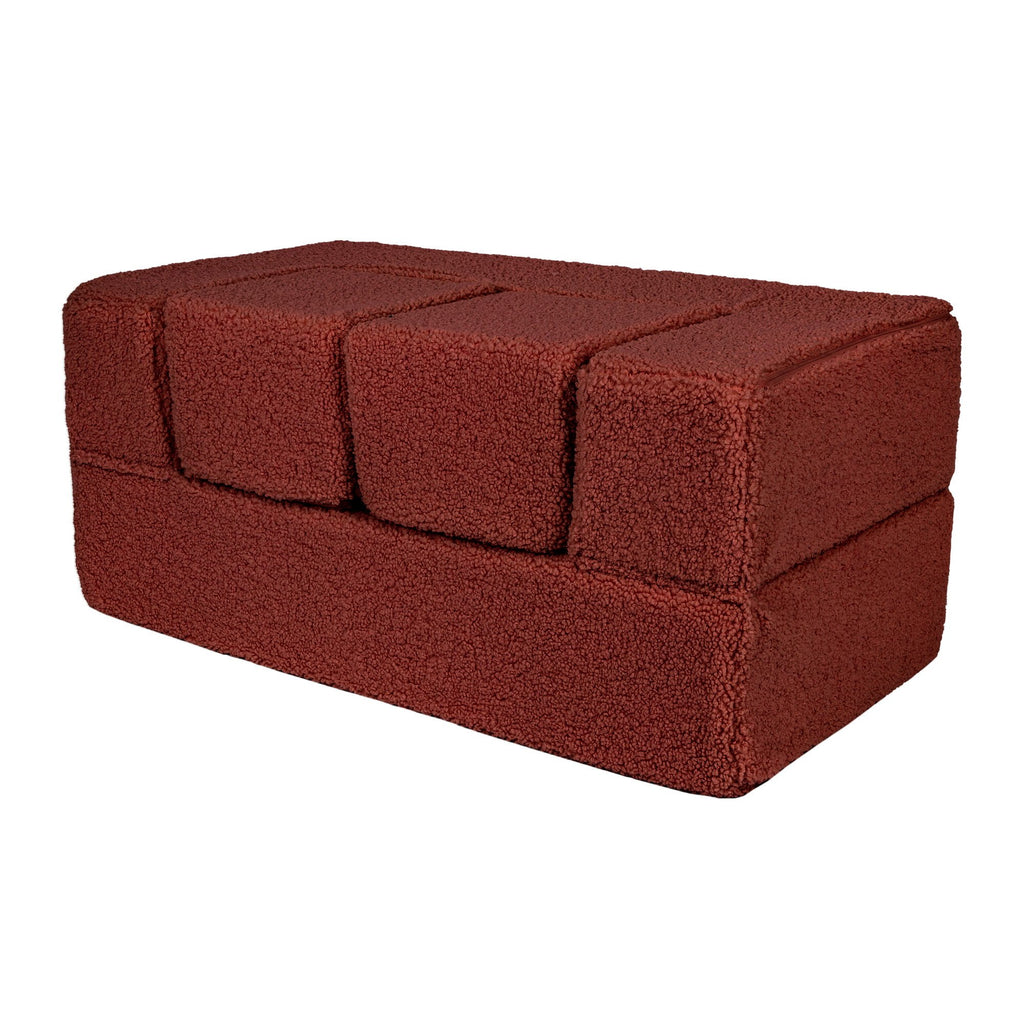 4. Flat lay of folded brown MeowBaby children's sofa with poufs on top