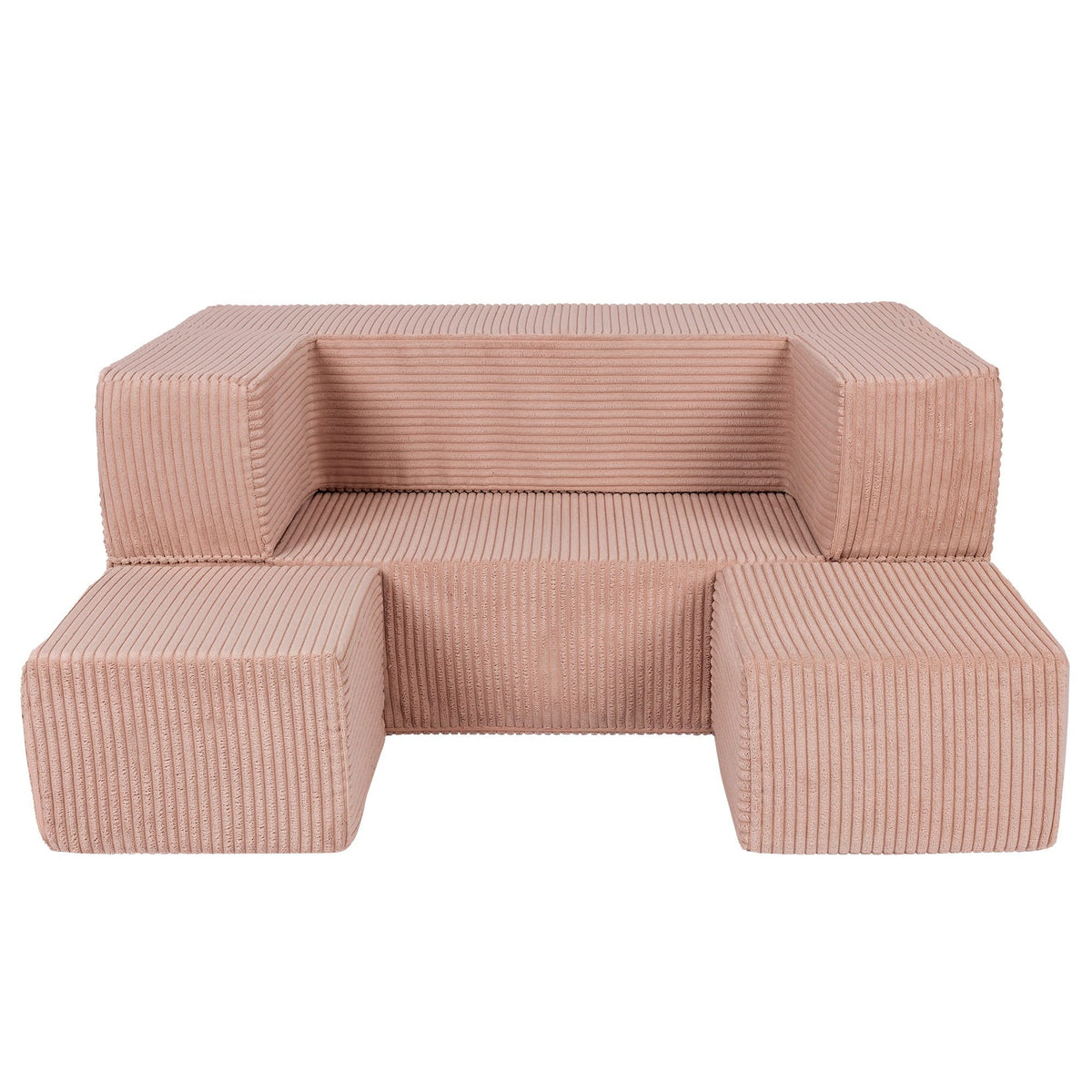 4. MeowBaby children's powder pink velvet cube sofa with poufs arranged in front on a white background