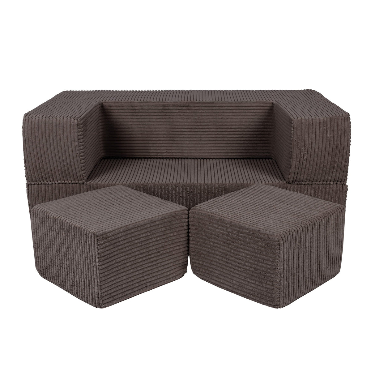 1. MeowBaby children's brown velvet cube sofa with two matching poufs on a white background