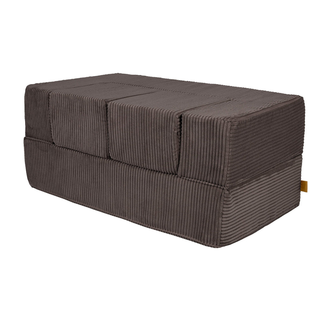 5. MeowBaby children's brown velvet cube sofa folded with visible stitching on a white background