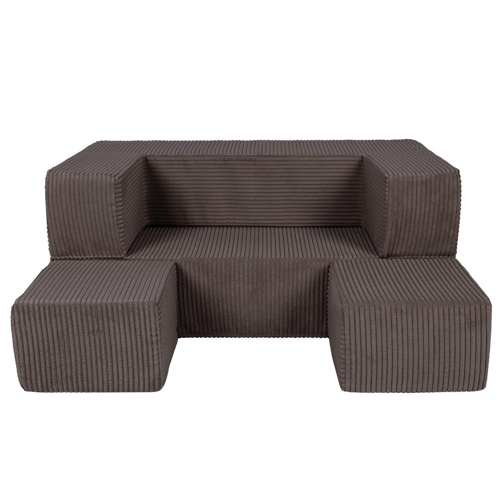 2. MeowBaby children's brown velvet cube sofa with poufs arranged as a step on a white background