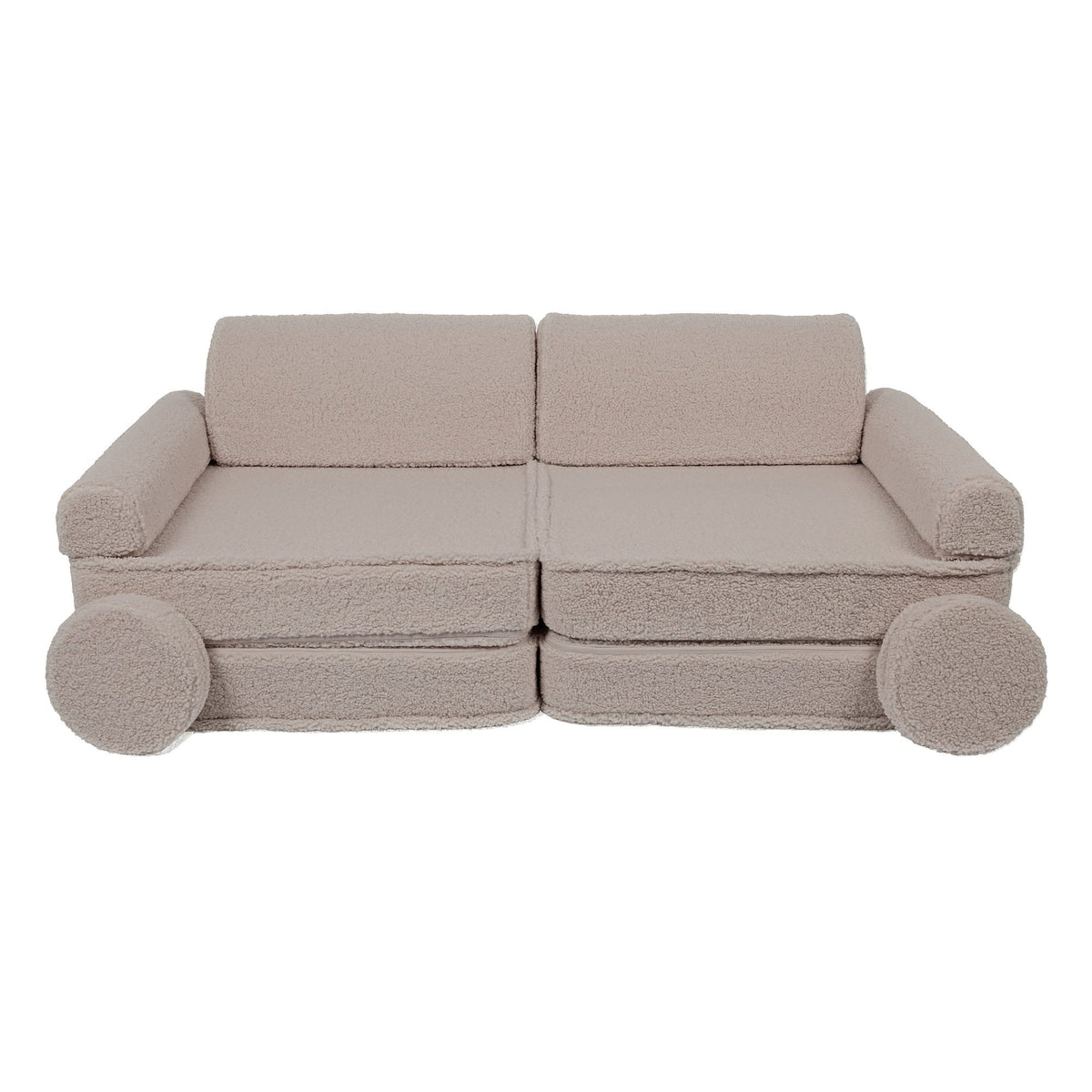 1. Large modular children's sofa in light grey with rounded armrests and circular cushions, shown in a studio setting