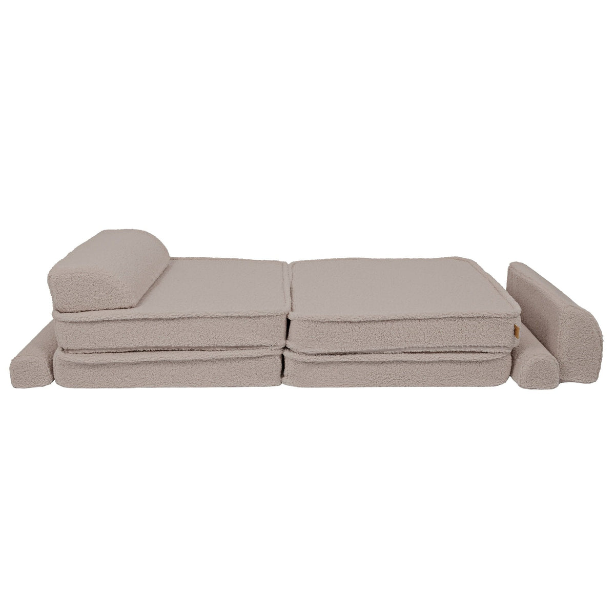 4. Light grey modular sofa pieces arranged as a flat bed with a backrest, showing versatility