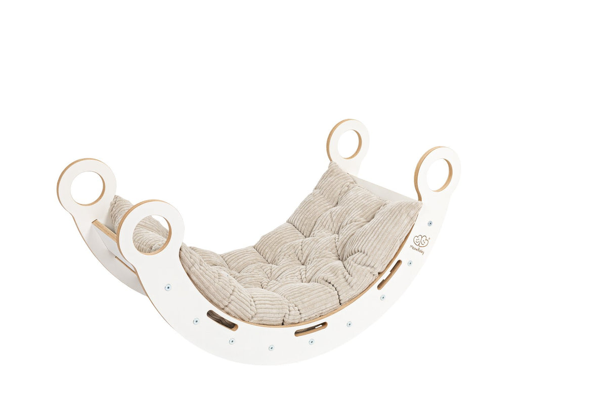1. White wooden dream rocker with beige cushion on black background