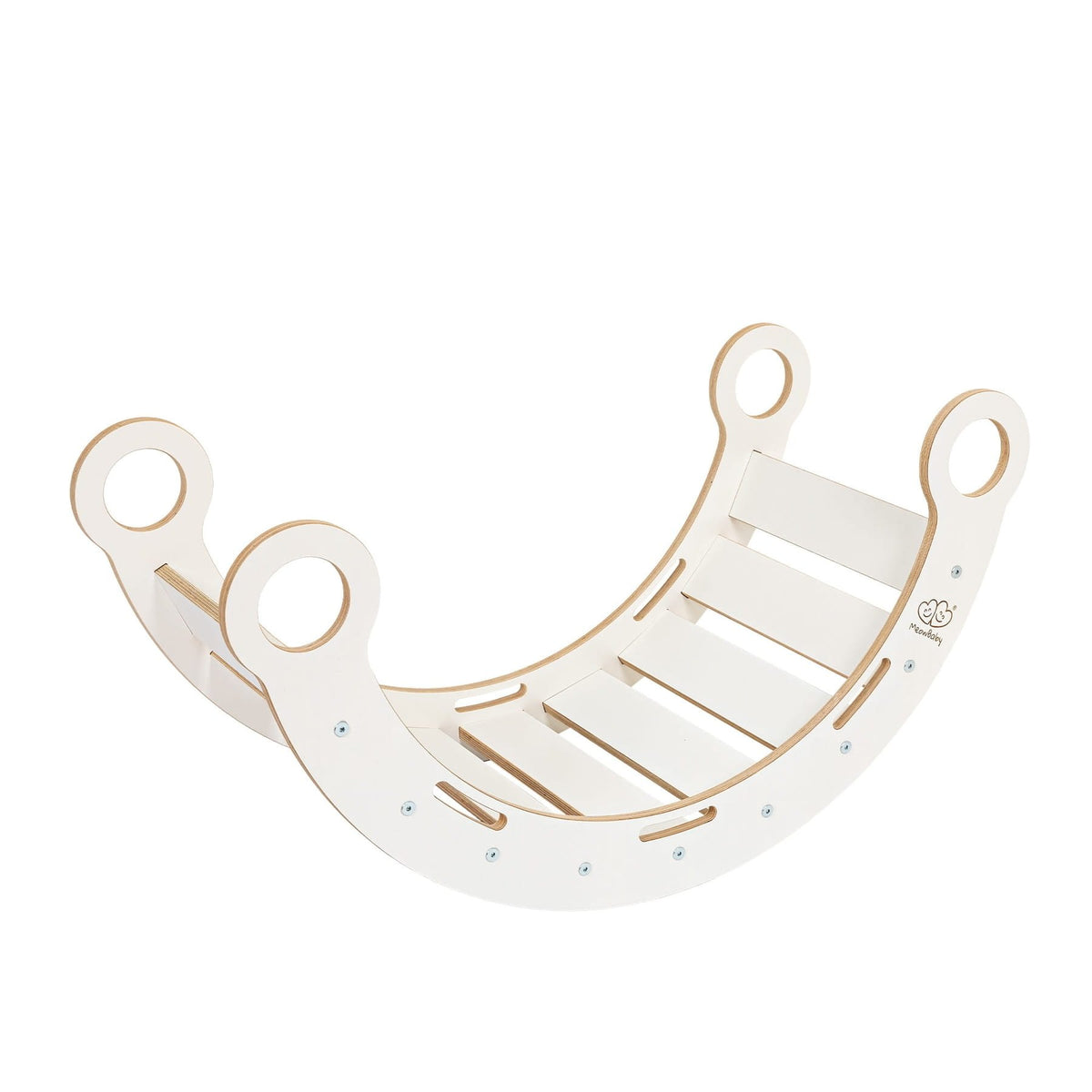 2. White wooden dream rocker with circular handles and slatted base in studio lighting