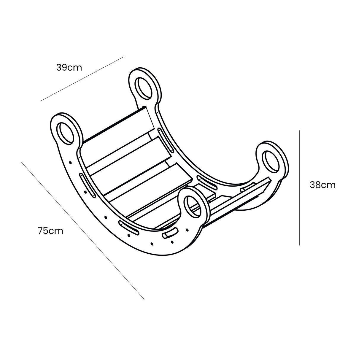 5. Size chart for white wooden dream rocker showing dimensions 75cm by 39cm by 38cm