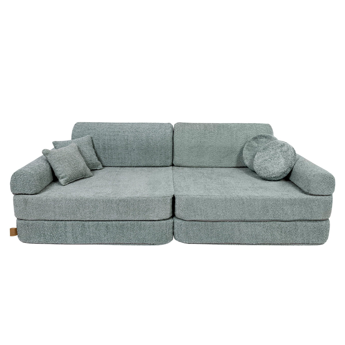 1. Large modular children's sofa in fresh mint boucle fabric with two square and one round cushion, shown in a studio setting