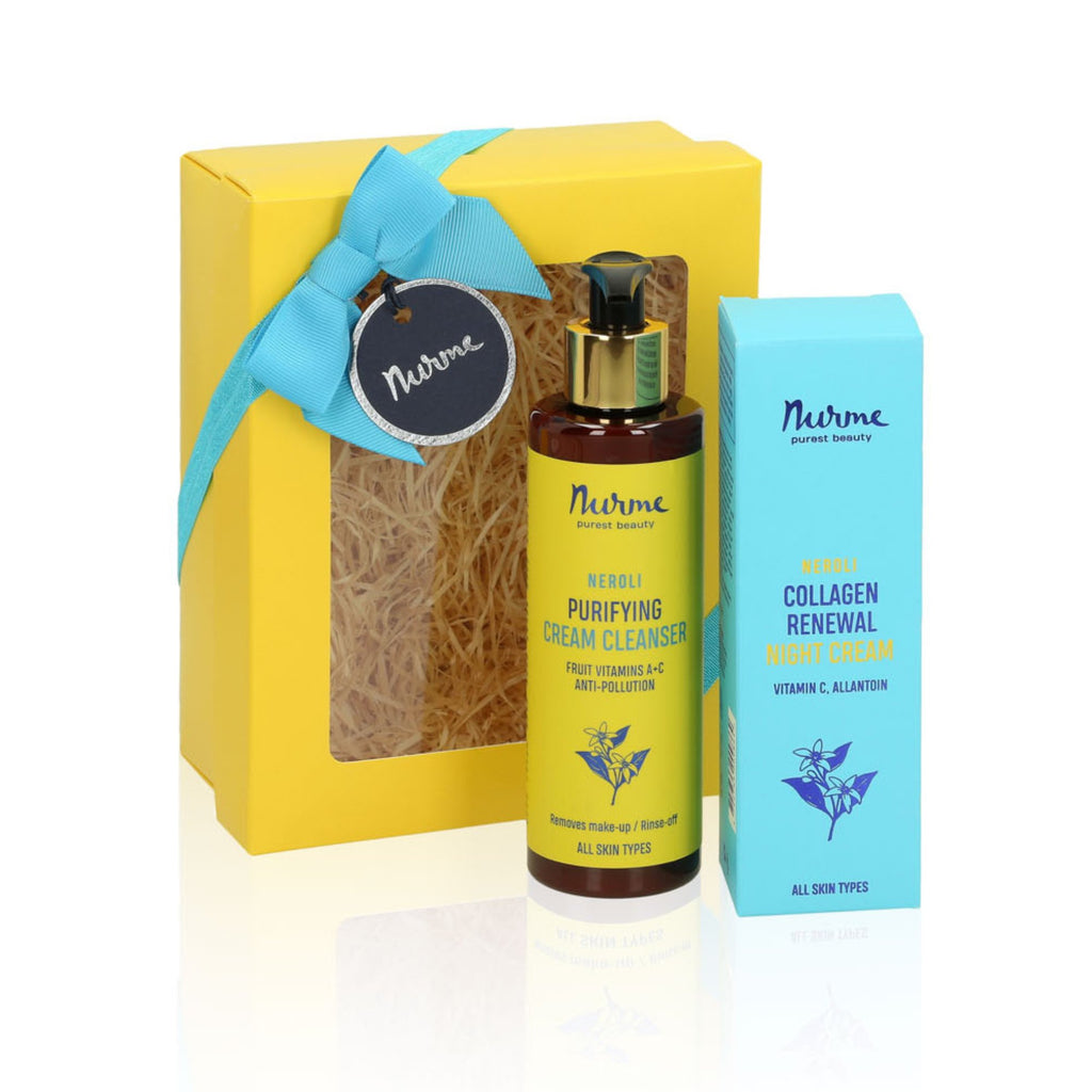 2. Nurme skincare set with neroli purifying cream cleanser and collagen renewal night cream, shown with packaging