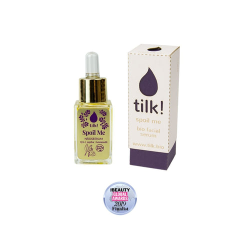 1. Tilk! Spoil Me Anti-Ageing Face Serum with Q10, 15ml, shown with packaging and award badge