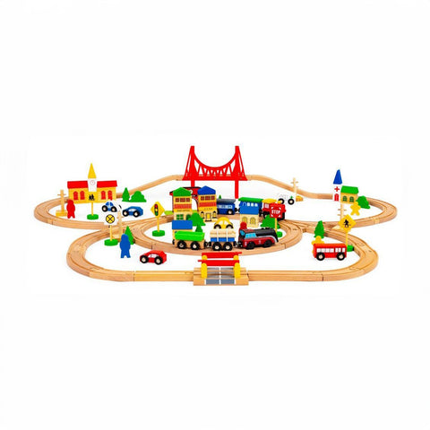 1. Wooden train set with colorful buildings, bridge, and vehicles on a white background