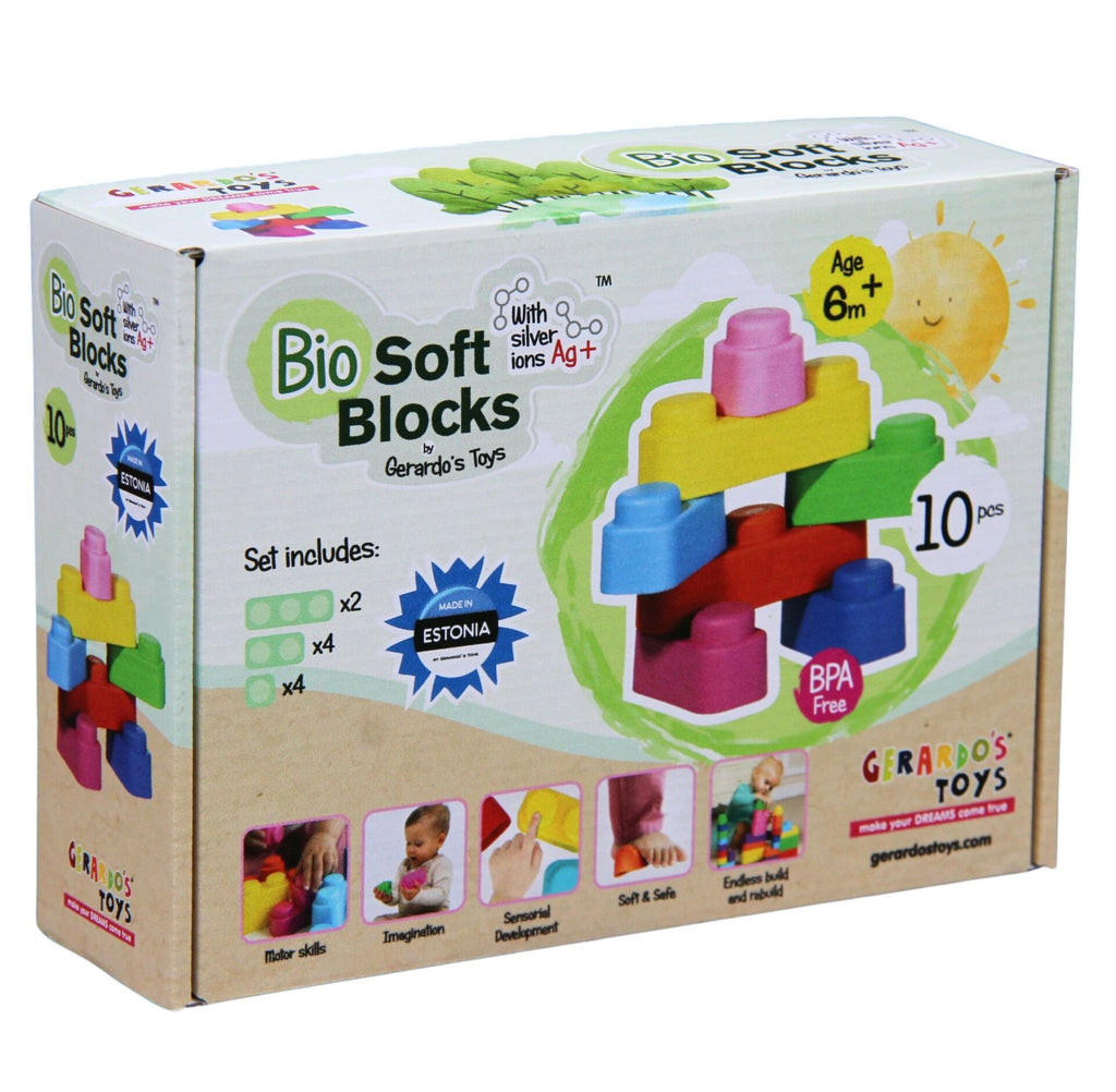 2. Packaging of Gerardo's Toys Bio Soft Blocks set showing colorful blocks, antibacterial features, and BPA-free label