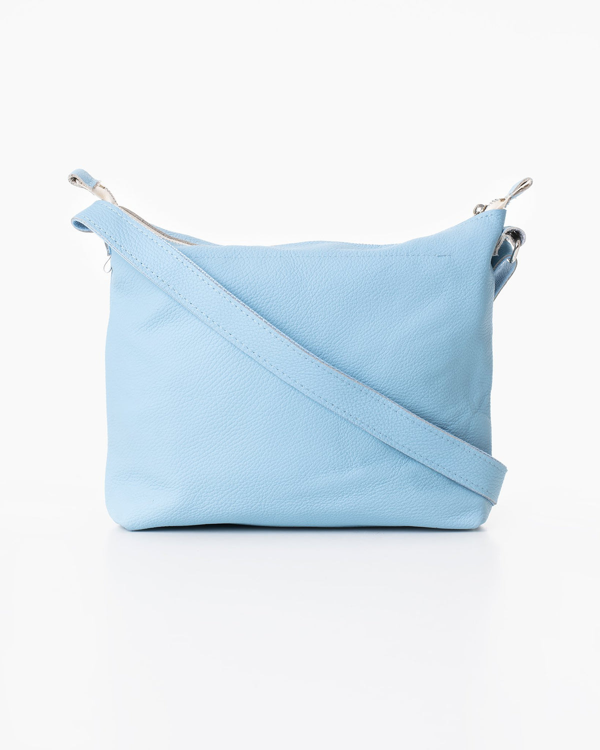 3. Studio image of Trendbag Anet L shoulder bag in light blue, back view showing durable leather material