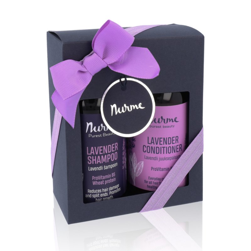 1. Nurme Lavender Hair Care Set in gift box with lavender shampoo and conditioner, featuring purple ribbon and tag