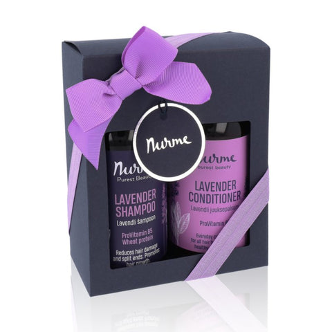 1. Nurme Lavender Hair Care Set in gift box with lavender shampoo and conditioner, featuring purple ribbon and tag