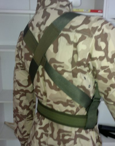 2. Back view of Galvi Linda equipment straps on camouflage uniform, highlighting cross-back design