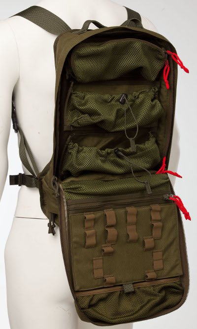 3. Detailed interior view of Galvi Linda Trauma Bag 112 in military green, featuring organized storage compartments
