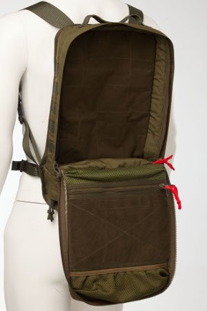 2. Open view of Galvi Linda Trauma Bag 112 in military green, showing interior pockets and zippers