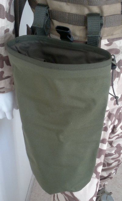 1. Galvi Linda military green roll-up equipment pouch attached to tactical vest, showing full length and attachment straps