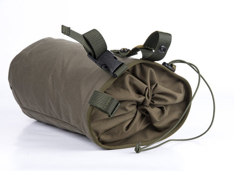 2. Side view of Galvi Linda military green roll-up equipment pouch with attachment straps and buckle