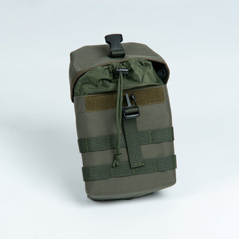 2. Open view of Galvi Linda equipment pouch in military green, highlighting internal sock and top closure