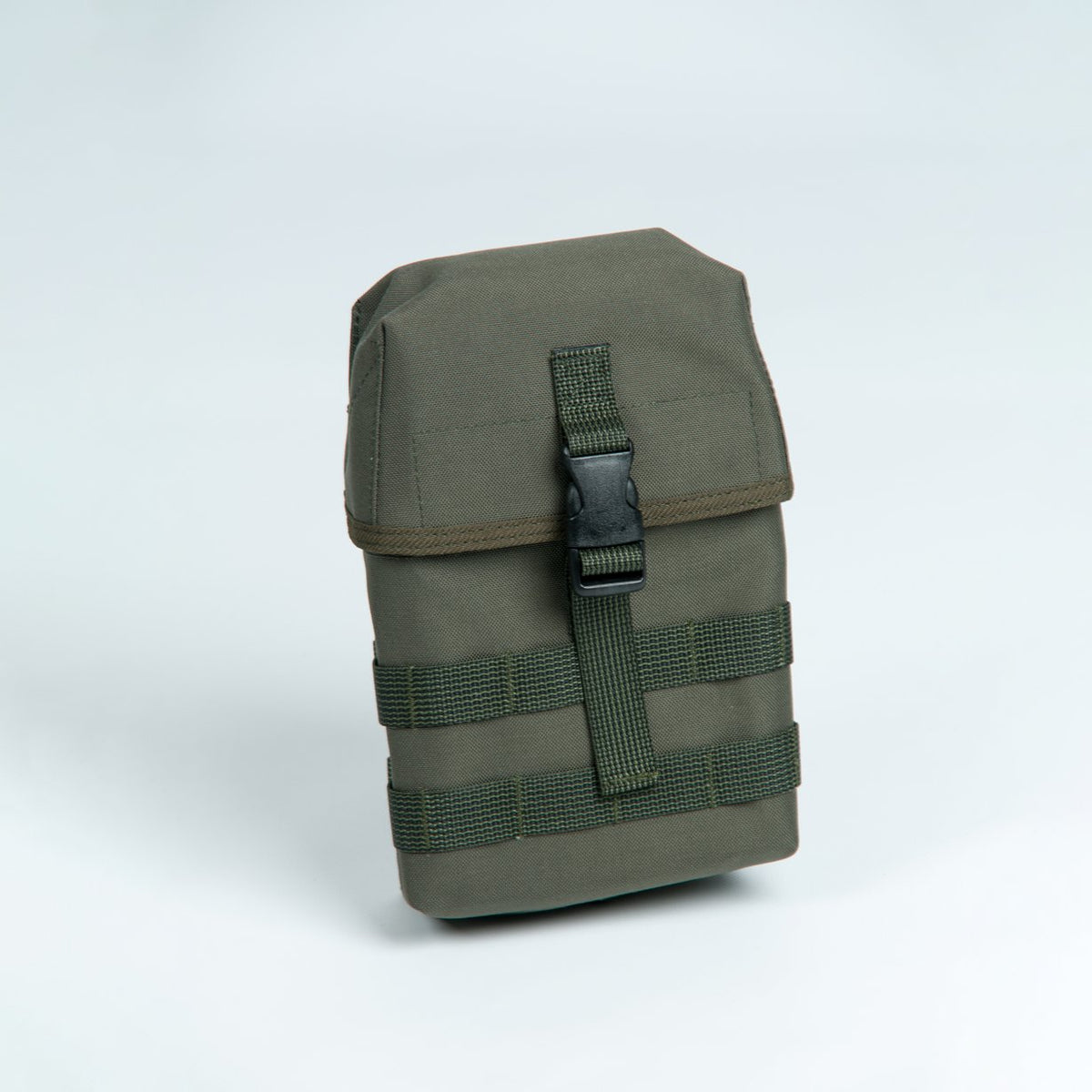 1. Galvi Linda military green equipment pouch with MOLLE attachments, shown in studio setting