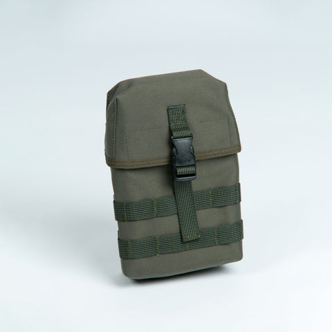 1. Galvi Linda military green equipment pouch with MOLLE attachments, shown in studio setting