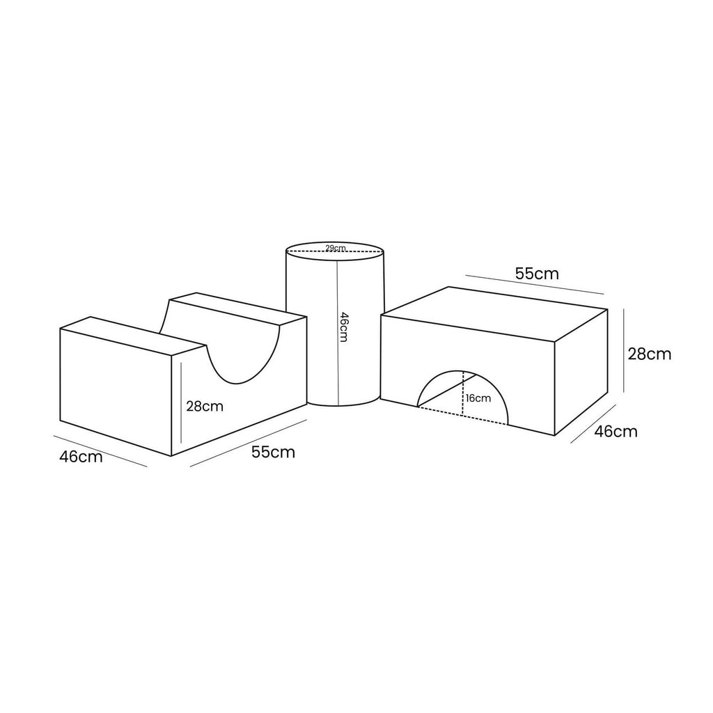 5. Size chart for MeowBaby Bearly Shape Set showing dimensions of each element in centimeters