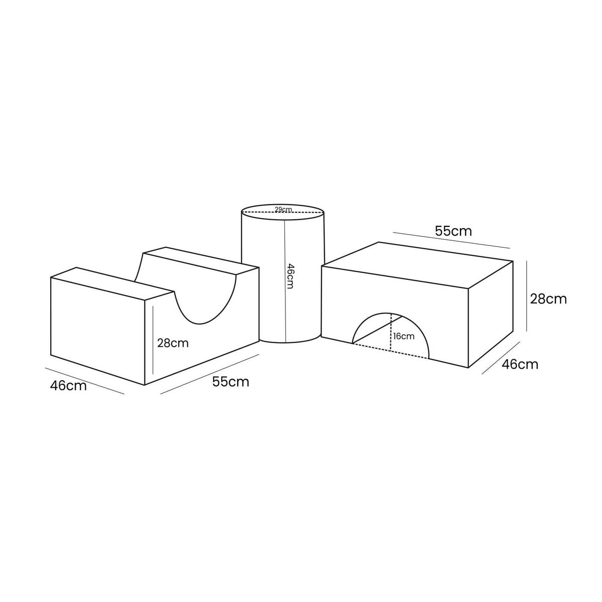 5. Size chart for MeowBaby Bearly Shape Set showing dimensions of each element in centimeters