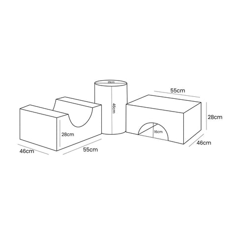 5. Size chart for MeowBaby Bearly Shape Set showing dimensions of each element in centimeters