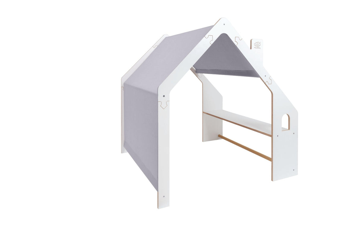 5. Angled view of MeowBaby white wooden house with blue roof on black background