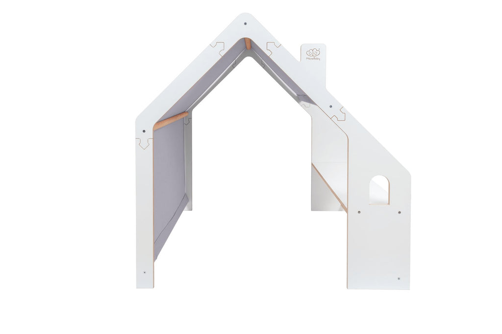 7. Side view of MeowBaby white wooden house with blue roof on black background