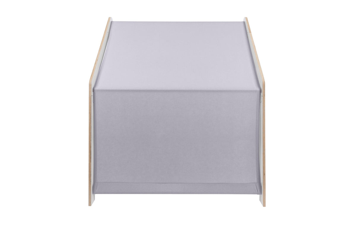 2. Front view of MeowBaby white wooden house with blue roof on black background