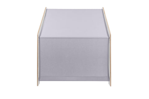 2. Front view of MeowBaby white wooden house with blue roof on black background