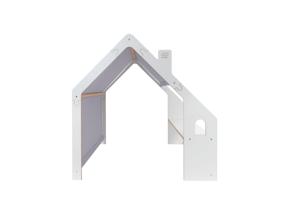 3. Side view of MeowBaby white wooden house with blue roof on black background