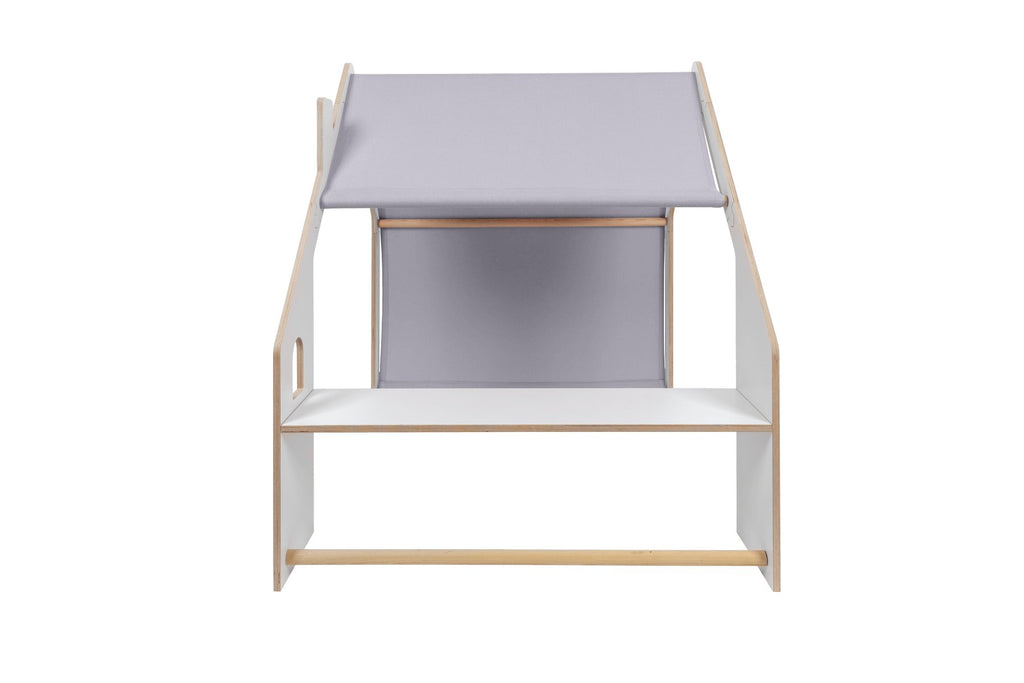 9. Rear view of MeowBaby white wooden house with blue roof on black background