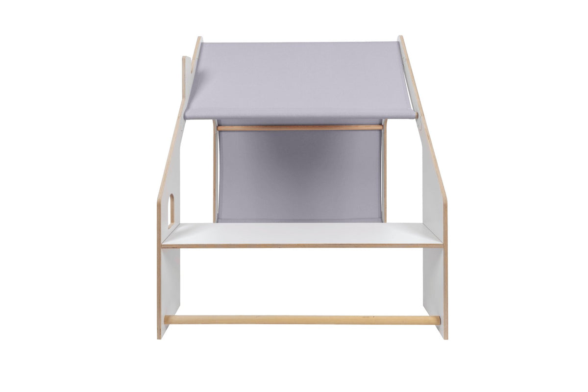 9. Rear view of MeowBaby white wooden house with blue roof on black background