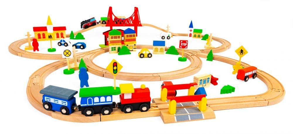 2. Side view of wooden train set with red bridge, houses, and cars