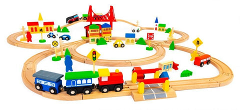 2. Side view of wooden train set with red bridge, houses, and cars
