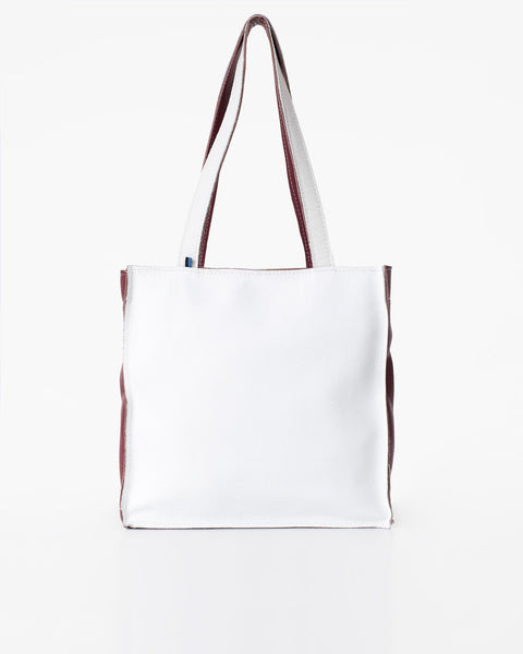 1. Trendbag Folk 2 white leather tote bag shown in studio setting, front view
