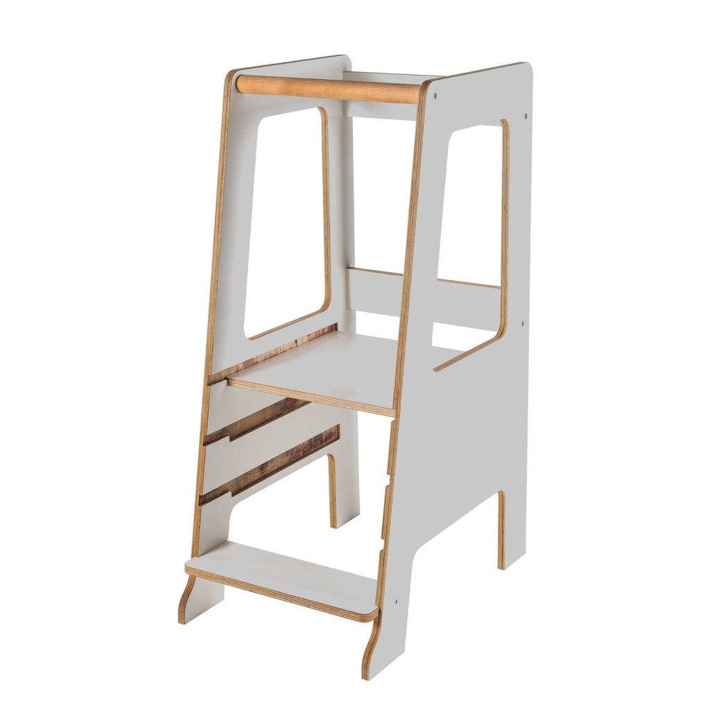 2. Side view of MeowBaby gray plywood kitchen helper with wooden edges in studio