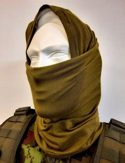 1. Galvi Linda multifunctional tube scarf worn as a face mask on mannequin, showcasing versatile outdoor protection in brown bamboo viscose