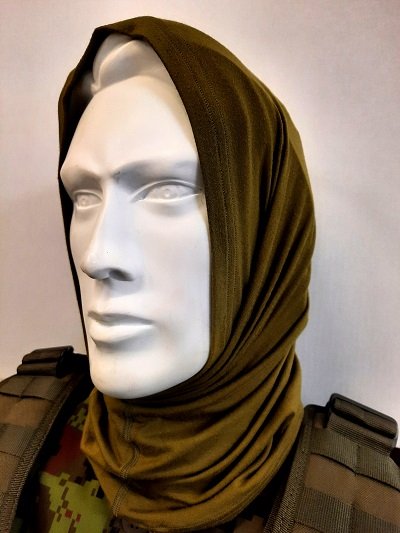 2. Galvi Linda multifunctional tube scarf styled as a hood on mannequin, highlighting adaptability and comfort in brown bamboo viscose