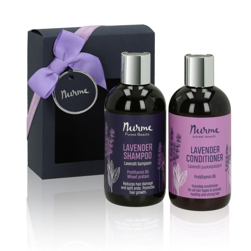 3. Nurme Lavender shampoo and conditioner set with gift box, highlighting product packaging and design