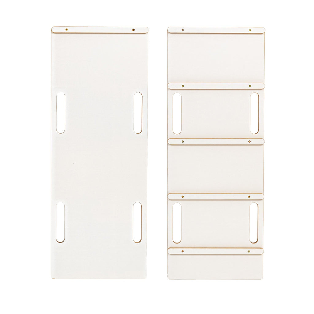 4. Flat lay of white slide panels with cut-out handles and steps