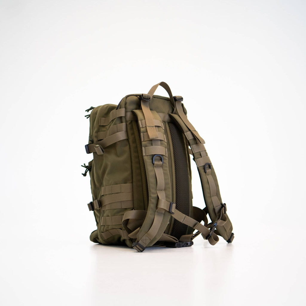 4. Angled back view of Galvi-Linda Patrol Backpack 039 in military green, showing Molle system and strap details