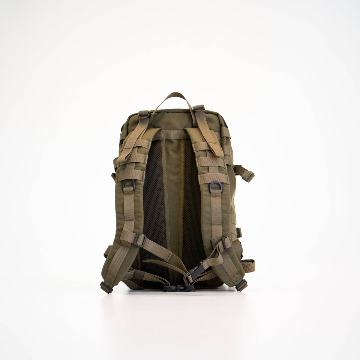 2. Studio shot of Galvi-Linda Patrol Backpack 039 in military green, side view showing compartments and compression straps